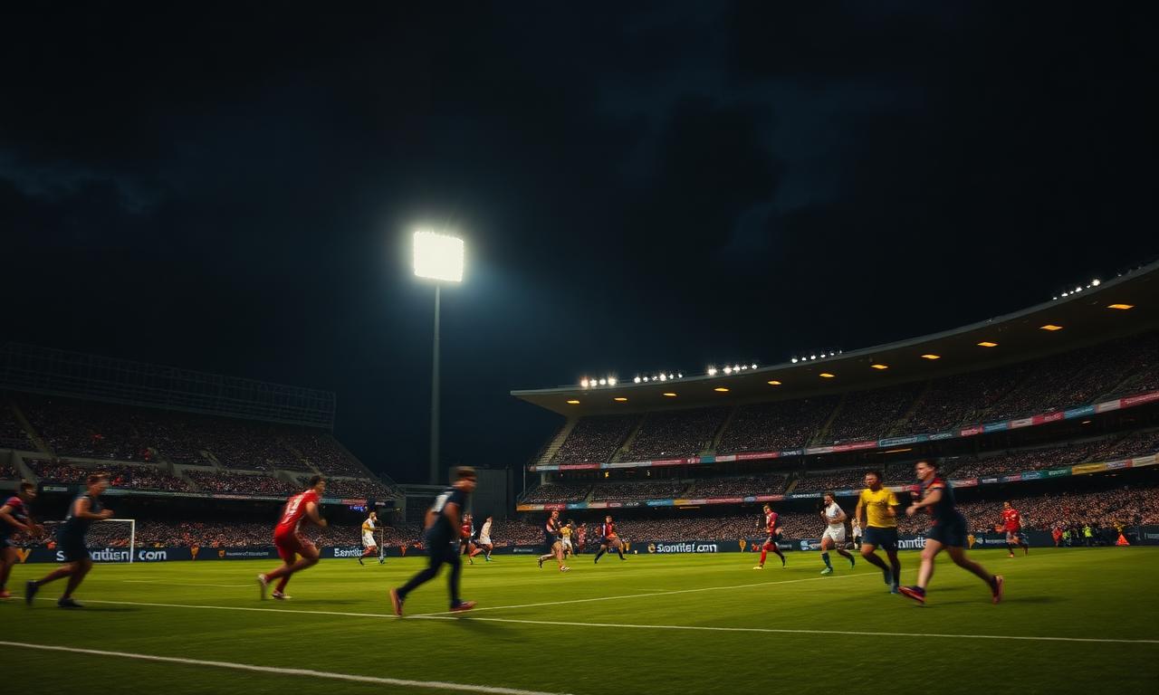 Floodlit stadium during a night match
